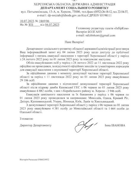 Майже 7000 осіб евакуйовано з підтопленої частини правобережної Херсонщини