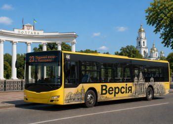Красивий автобус №23 з Полтави з брендуванням порталу Версія