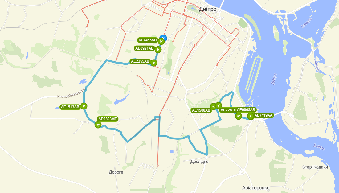 Схема движения автобуса №55 в городе Днепр