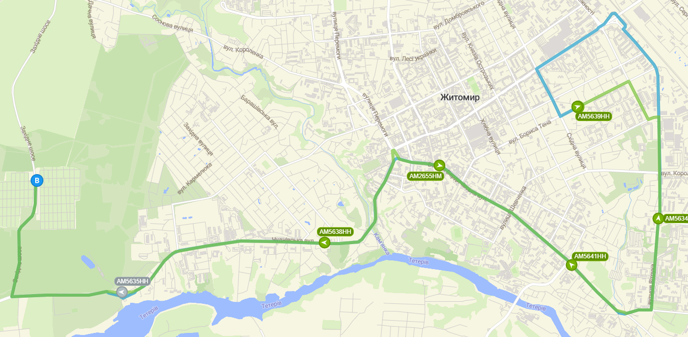 Схема руху 44 автобусу у місті Житомир