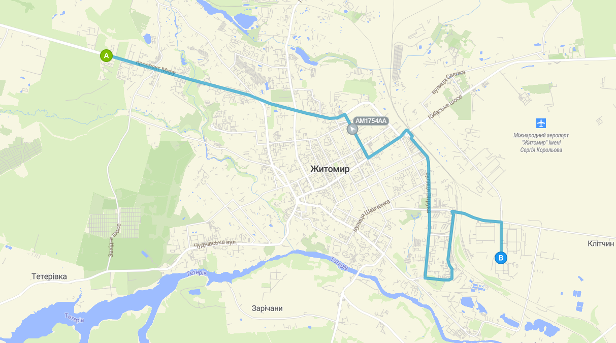 Схема руху автобусу 26 в Житомирі